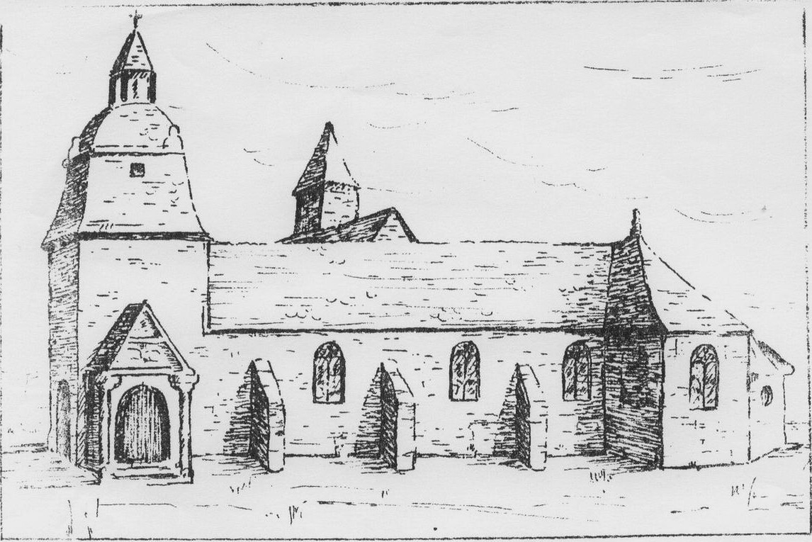 L'église d'Acigné au XIXe siècle. Dessin d'auteur inconnu.
