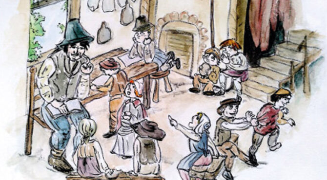 Une petite école au XVIIe siècle (dessin d'Anne-Gaëlle Contin)