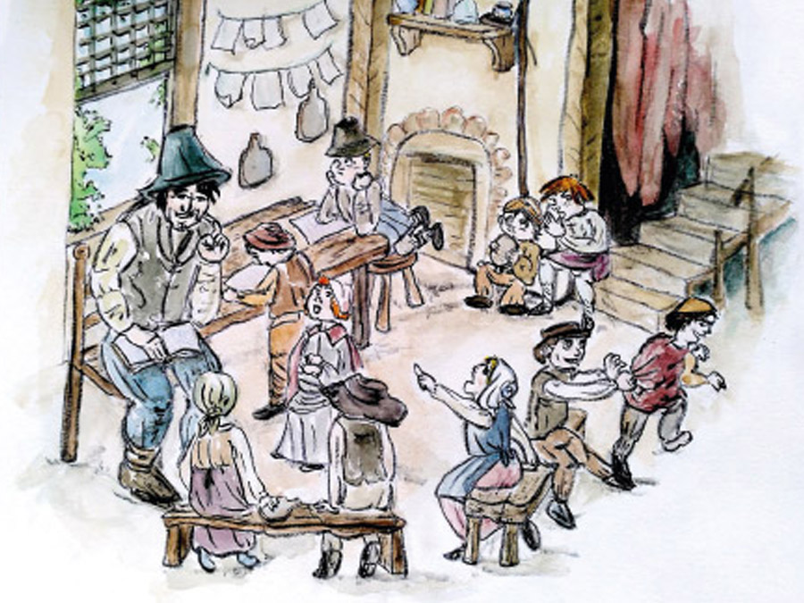 Une petite école au XVIIe siècle (dessin d'Anne-Gaëlle Contin)